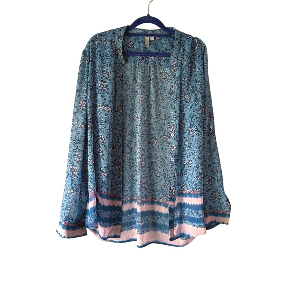 KUT from the Kloth‎ Blue Floral Button Front Roll Tab Sleeve Blouse Top Size L